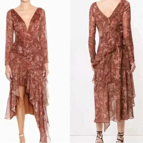 Marchesa Note Long Sleeve Asymmetric Chiffon Cocktail Dress in Rust Size 0 - Picture 5 of 13